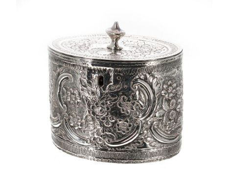 George III oval silver tea caddy, with hinged cover surmounted by an urn finial, floral embossed, maker John Denzilow, London