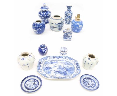 Collection of Chinese blue and white export porcelain, including a platter decorated with houses by a lake scene, 15" wide, p