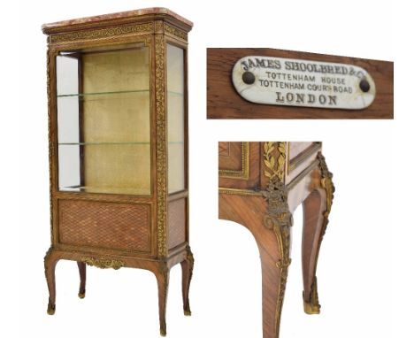 Fine quality Louis XVI style kingwood and gilt metal vitrine cabinet bearing the enamel trade label for James Shoolbred &amp;