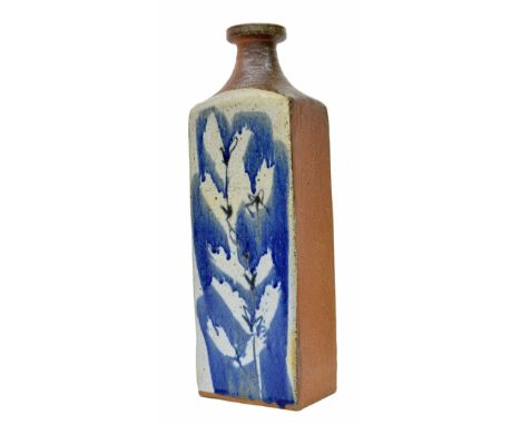Marianne De Trey (1913-2016) - tall rectangular bottle shaped lamp base, blue abstract leaf print on a natural earthenware gr