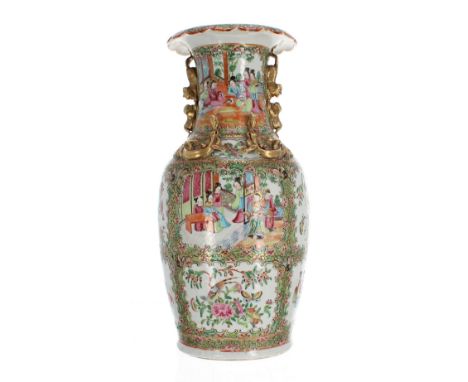 Large Chinese Canton famille rose porcelain baluster vase, the frilled rim over gilded dog of Fo applied handles with four dr