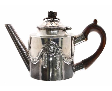 Victorian neo-classical silver teapot, decorated with an embossed harebell swag and small monogrammed shield cartouche, with 