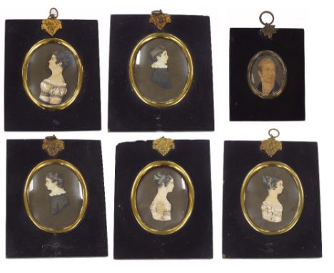 19th Century School - six portrait miniatures, five relating to the Gray family, largest 3.5" high, in ebonised oval aperture