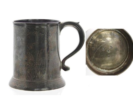 George III silver cylindrical tankard with bright-cut repeated borders, maker Charles Wright, London 1778, further branded to