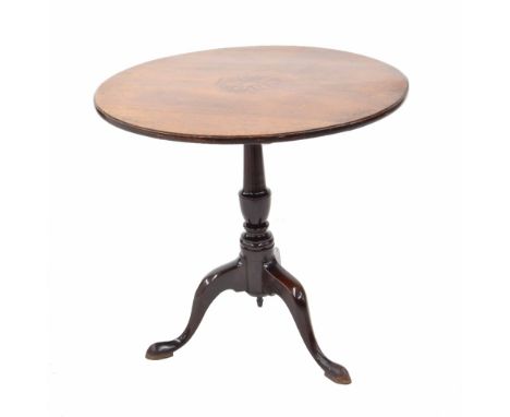 George III mahogany tilt top circular occasional table, inset with a central parquetry panel over a turned column and tripod 