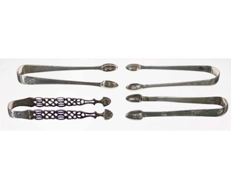 Three pairs of Georgian silver bright-cut sugar nips, together with a further pierced pair of sugar nips with shell bowl deta