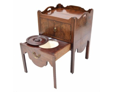 George III mahogany night commode, the gallery top over cupboard doors and a pull-out commode drawer upon square canted legs,