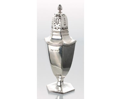 George V hexagonal silver sugar sifter, surmounted by pineapple finial, maker Elkington &amp; Co Ltd. Birmingham 1911, no. 24