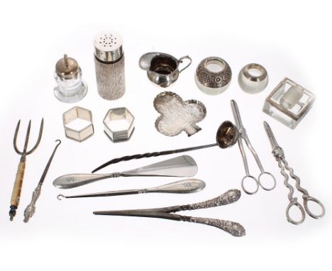 Miscellaneous silver and plated trinkets and other items including small Club shape engraved dish, repousse white metal oval 