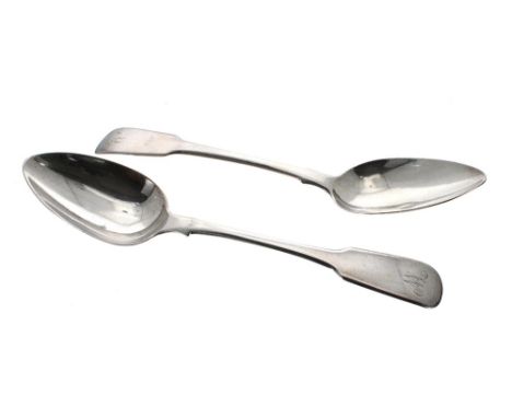 Pair of Georgian silver serving spoons, maker William Bateman I, London 1820, 8.5" long, 4.4oz t (2)