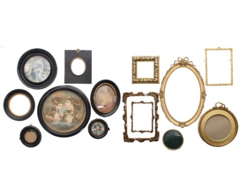 Collection of assorted miniature picture frames; to include gilt, ebonised, carved and plain moulded examples, largest 11" ov