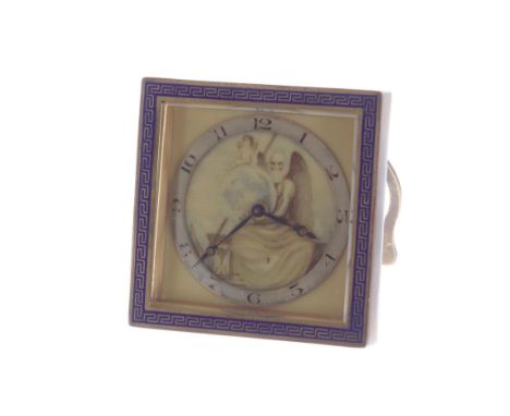 1930s eight-day easel brass clock, the circular dial with Arabic numerals depicting the image of Santa Muerte within a blue e
