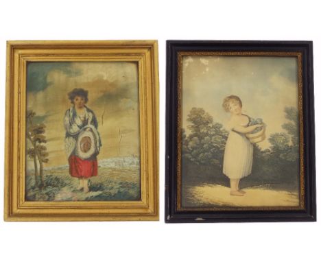 19th century silkwork and thread embroidered picture of a girl by a tree, 10" x 8" (at fault); together with a 19th century p