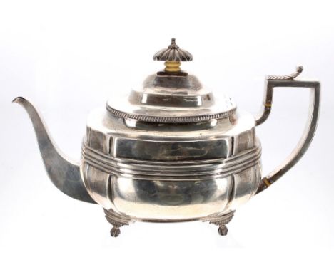 George III silver boat shaped teapot, with leaf capped handle and reeded body upon on shaped feet, maker CF (possibly Charles
