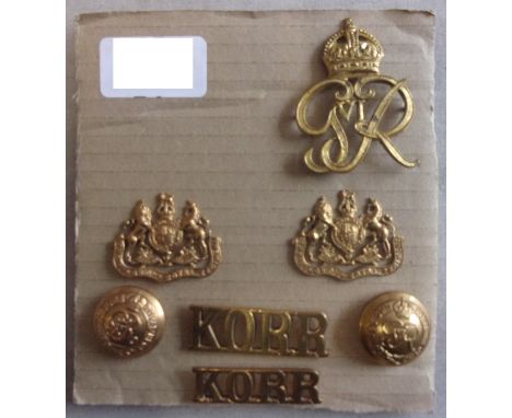The King's Own Royal Regiment WWI/II Collection including: Officers Cap Badge (Gilt, lugs), Collar badges, Geo V &amp; VI but
