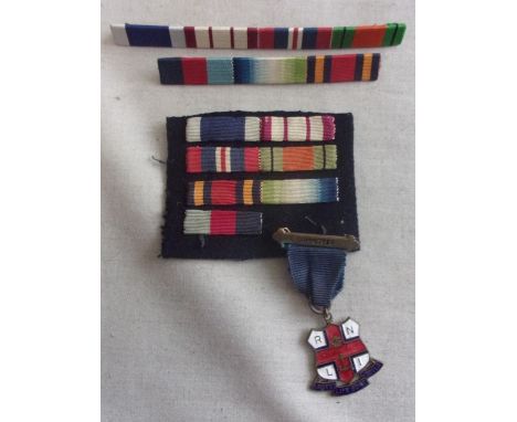 British WWII Royal Navy Ribbon bar set including two bars, cloth uniform patch with ribbons sewn on and R.L.N.I. Medal, with 