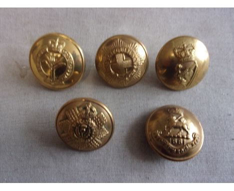 British Military Buttons (5) including: Welsh Guards, Scots Guards, Irish Guards Regiment, Coldstream Guards and The Queens R