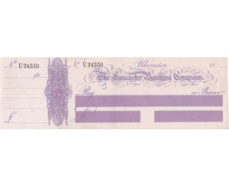 Lancaster Banking Company Ulverstone mint Bearer with C/F, R/O Revenue plum on white. Printer: Perkins Bacon &amp; Co.