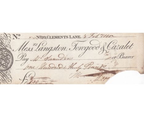 Langston Towgood &amp; Cazalet 29 Clements Lane, London. Used bearer Feb 1802, black on white. Printer: R. Spear Sc. (Sign cu