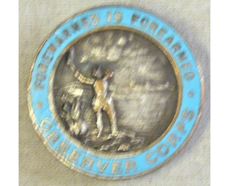 British WWII Royal Observer Corps badge, silver plate with blue enamel "Forewarned it Forearmed", made Phillps, Aldershot.