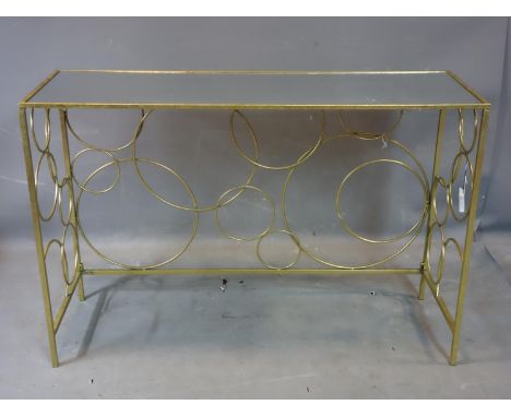 A contemporary rectangular gilt console table with mirrored top, H.82 W.120 D.40cm 
