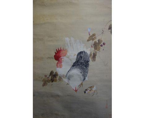 A 19th century Chinese watercolour on silk scroll depicting a cockerel, chicken, bird and insect, signed and with red seal ma