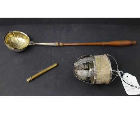 A Danish silver ladle, hallmarked, on turned wooden handle, H.40cm, together with a pierced silver cover with floral embroide