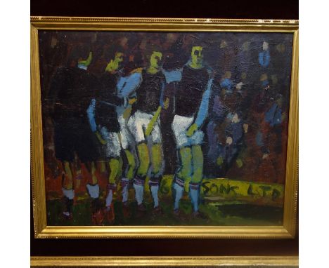 An oil on board of vintage footballers forming a wall, framed, 59 x 74cm 