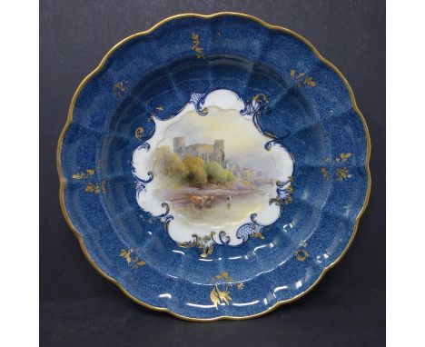 An early 20th century Royal Worcester porcelain bowl, hand painted by John Stinton, depicting Barnard castle, signed, H.5 D.2
