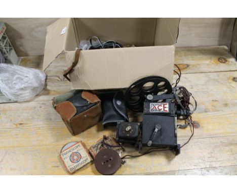 A QUANTITY OF VINTAGE CAMERA EQUIPMENT TO INC A PATHESCOPE 9.5 mm CAMERA