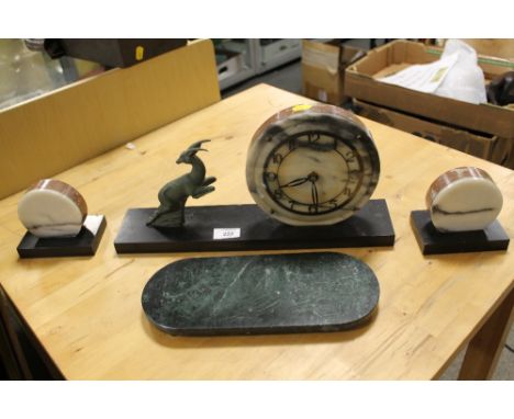 AN ART DECO SLATE AND MARBLE CLOCK GARNITURE WITH LEAPING DEER EMBELLISHMENT