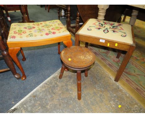TWO TAPESTRY SEAT STOOLS TOGETHER WITH A THREE LEGGED STOOL