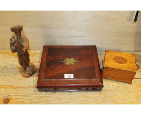 A MAHOGANY BOX, ANOTHER TRINKET  / JEWELLERY BOX &amp; EUROPEAN TREEN CARVING OF A MUSICIAN