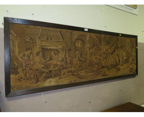 AN OAK FRAMED TAPESTRY WALL HANGING DEPICTING A TAVERN INTERIOR
