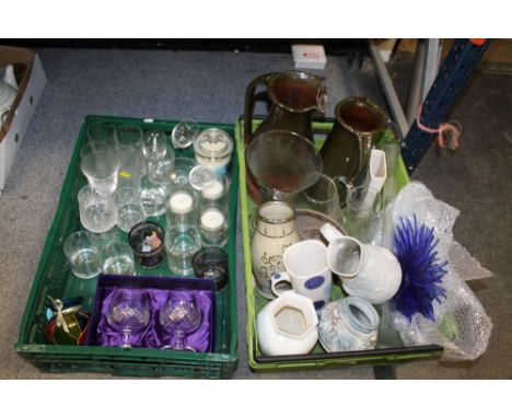 TWO TRAYS OF CERAMICS AND GLASS TO INC AN ART GLASS WALL HANGING, PORTMEIRION JUG ETC