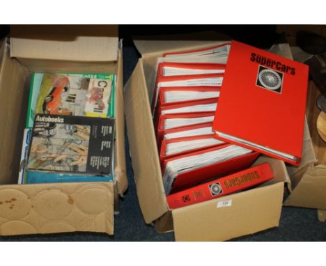 A TRAY OF CAR MANUALS TOGETHER WITH THE ENCYCLOPEDIA OF SUPERCARS MAGAZINES IN FOLDERS 