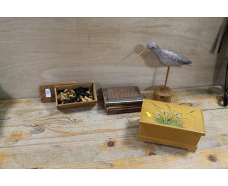 A VINTAGE WOODEN CHESS SET TOGETHER WITH TWO WOODEN BOXES AND A MODERNIST BIRD