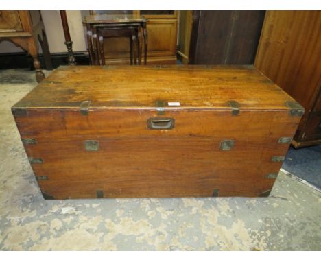A 19TH CENTURY MAHOGANY BRASS BOUND CAMPAIGN TRUNK W-98 CM A/F