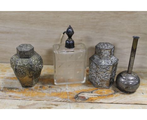 TWO ORIENTAL  WHITE METAL TEA FLASKS -  ONE FEATURING MOUNT FUJI, TOGETHER WITH A SPECIMEN VASE &amp; AN ART DECO ATOMISER A/