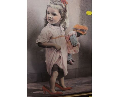 A RETRO GILT FRAMED 1960'S/70'S STYLE CHILD WITH PONY PRINT TOGETHER WITH ANOTHER PRINT