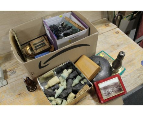 A BOX OF ASSORTED COLLECTABLES TO INC SILVER PLATED WARE, CHESS PIECES ETC