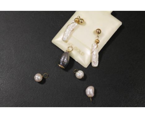 A PAIR OF 14KT PEARL DROP EARRINGS TOGETHER WITH A TAHITIAN PEARL DROP PENDANT ETC