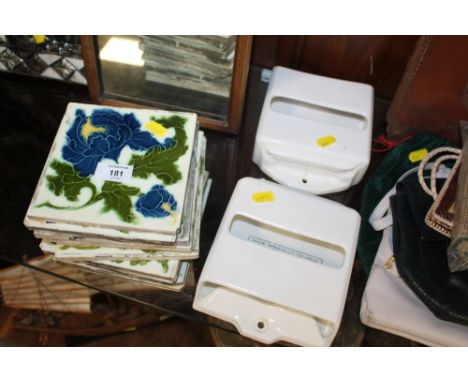 A SELECTION OF TUBE LINED ANTIQUE TILES TOGETHER WITH TWO JEYES VINTAGE CERAMIC TISSUE DISPENSERS