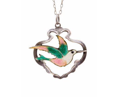 An Arts and Crafts silver and enamelled pendant on chain, the pink and basse taille enamel hummingbird within an open club sh