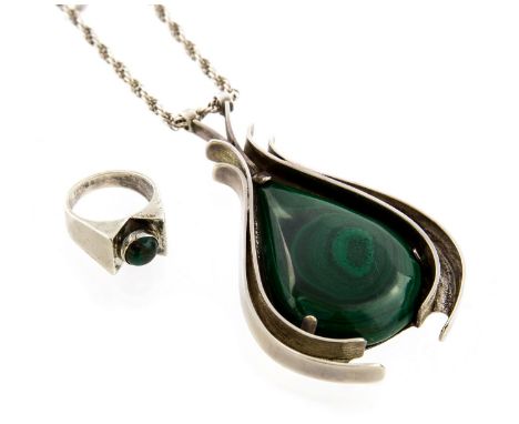 Christopher Milton Stevens, a Modernist malachite and silver pendant, on chain, artichoke form, with teardrop cabouchon stone