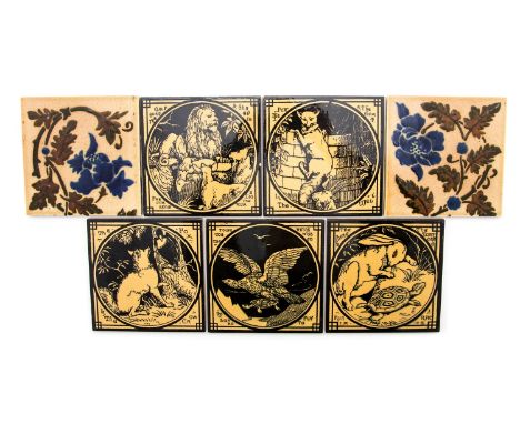 John Moyr Smith for Minton, five Aesop's Fables tiles, including the Hare and the Tortoise, The Fox and the Goat, The Goat Ca