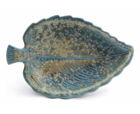 Gunnar Nylund for Rorstrand, Sweden, a leaf shaped dish, crystalline blue glaze, 29cm long
