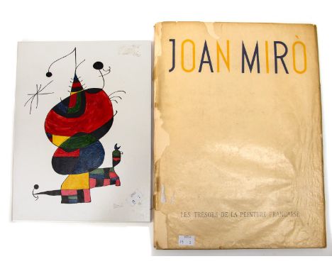 After Joan Miro, a Porcelanosa Gres Monococcion hand painted tile, abstract clown figure, 30.5cm x 23.5cm, together with a bo