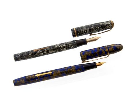 Wyvern fountain pens including No5 blue and gold mica marbled and  60 C in black pearl marble