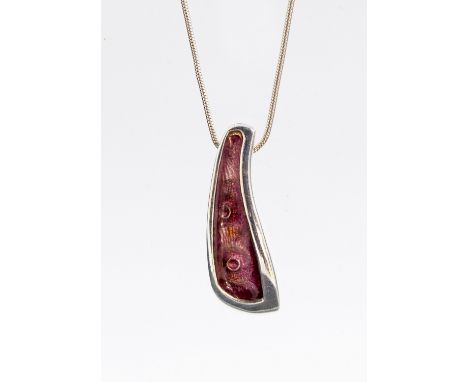 Malcolm Gray for Ortak, a Modernist silver and enamel pendant, with stylised fossil detail overlayed with pink enamel, on a s